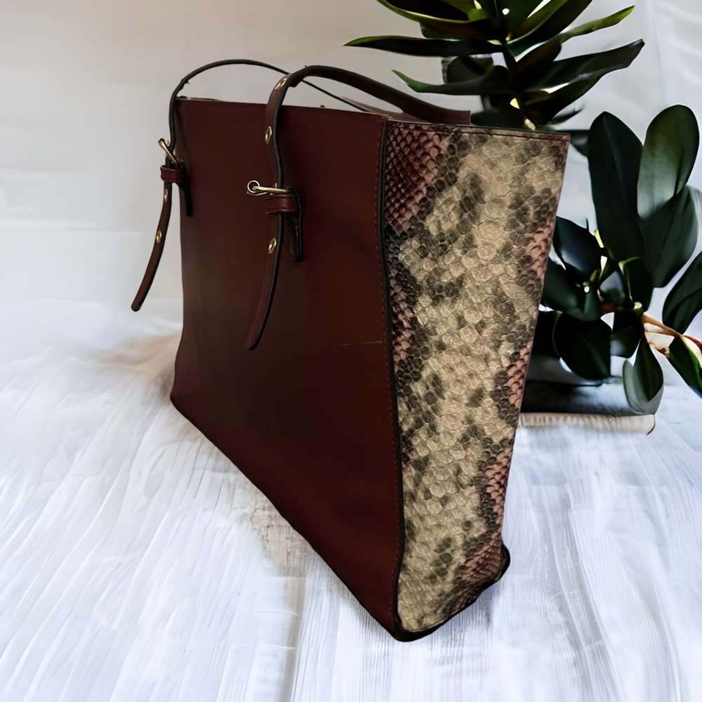 Leather Snakeskin Animal Print Accent Tote Bag — NWOT